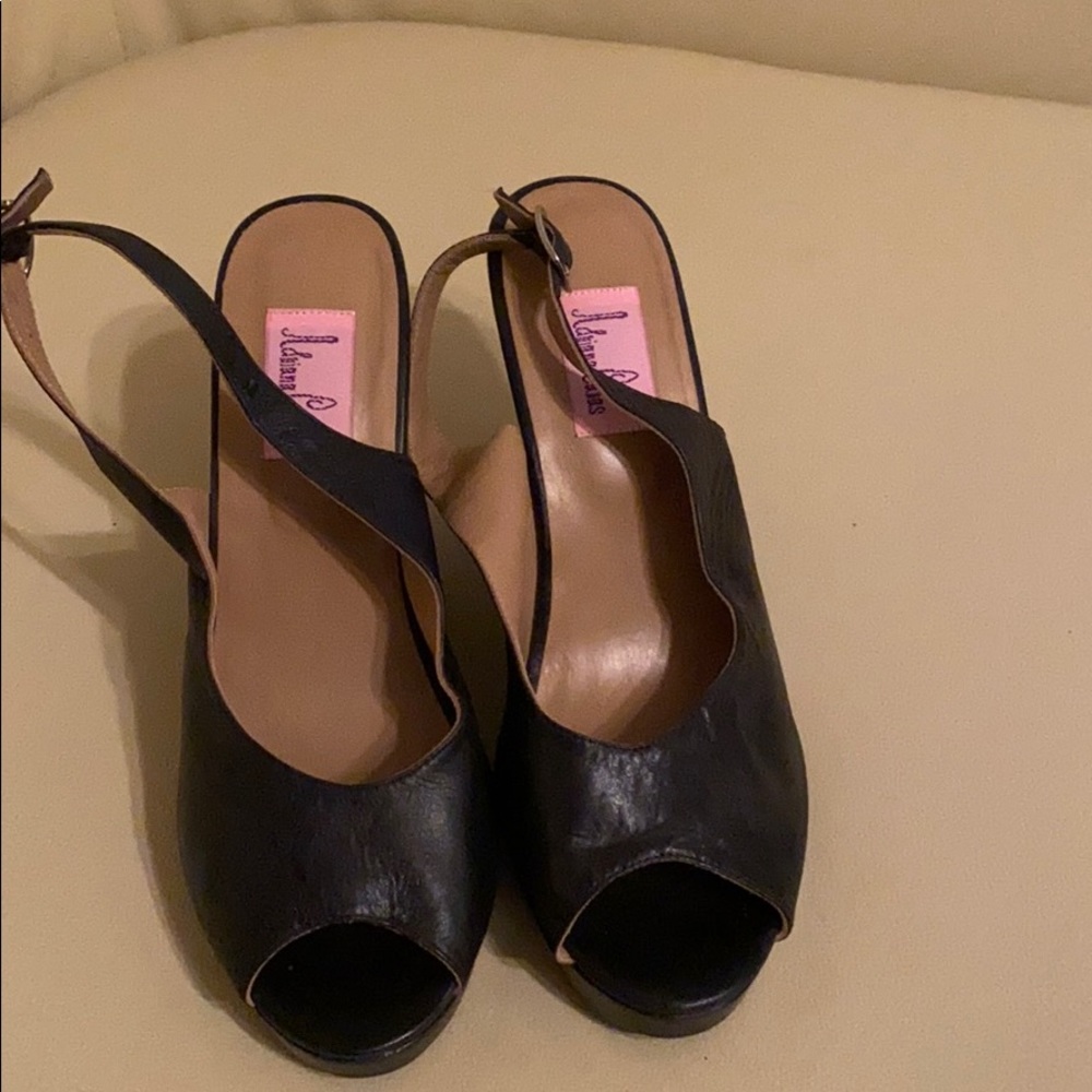 Adriana Caras Black Leather Slingback Wedge